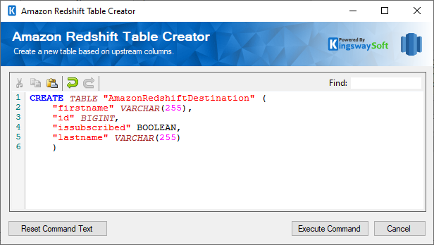 Amazon Redshift Destination - Create Table